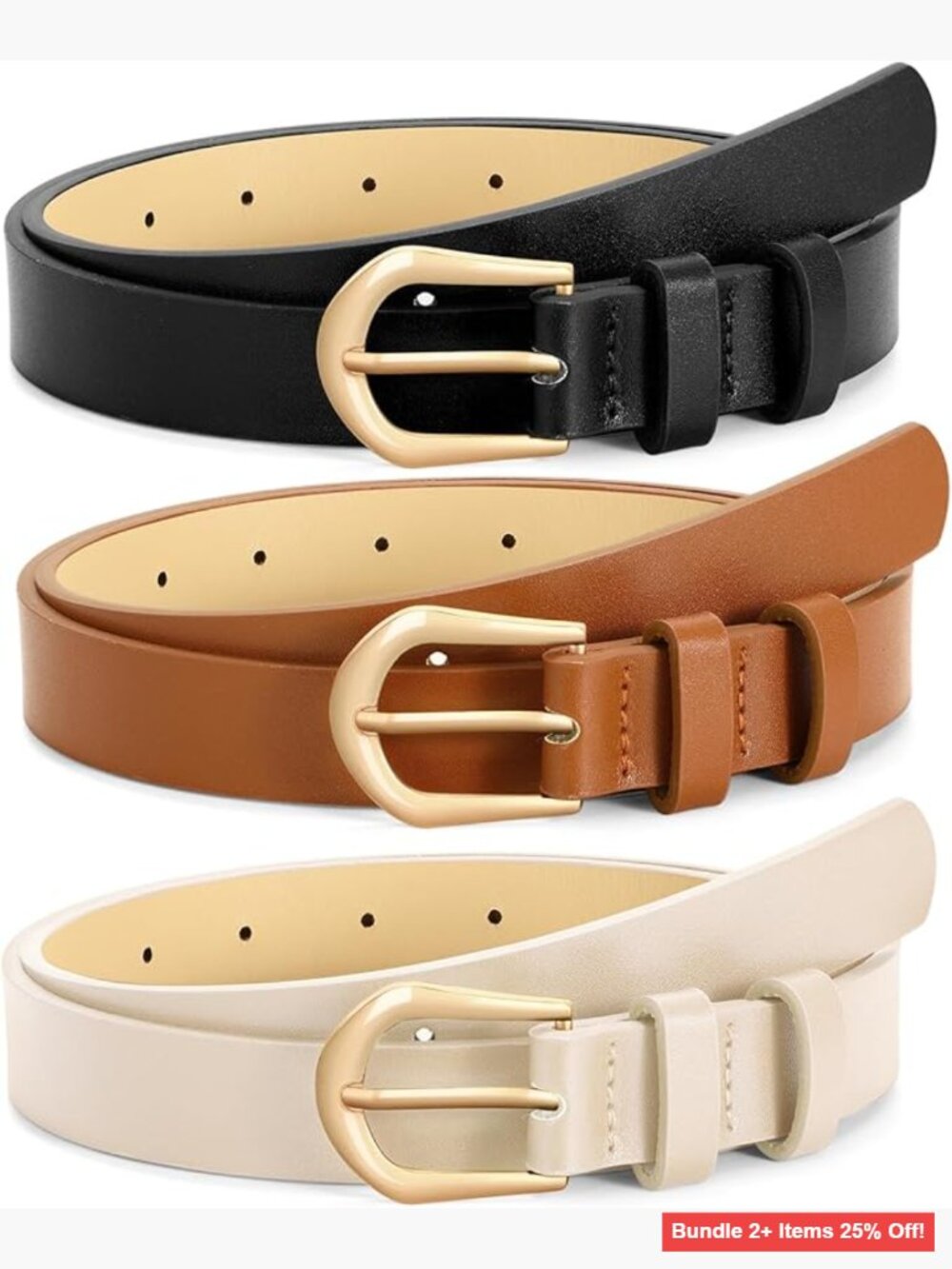 3-Pack Faux Leather Skinny Belts with Gold Buckle, Size M